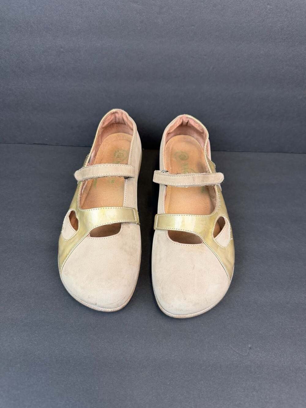Naot Leather Mary Jane Flats in Gold and Beige US 7.5 EU 38